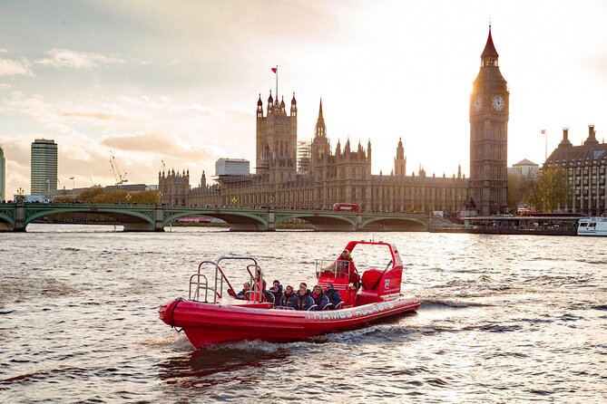 Thames Rockets Sunset London Speedboat Experience - The Tower area and a floating naval museum